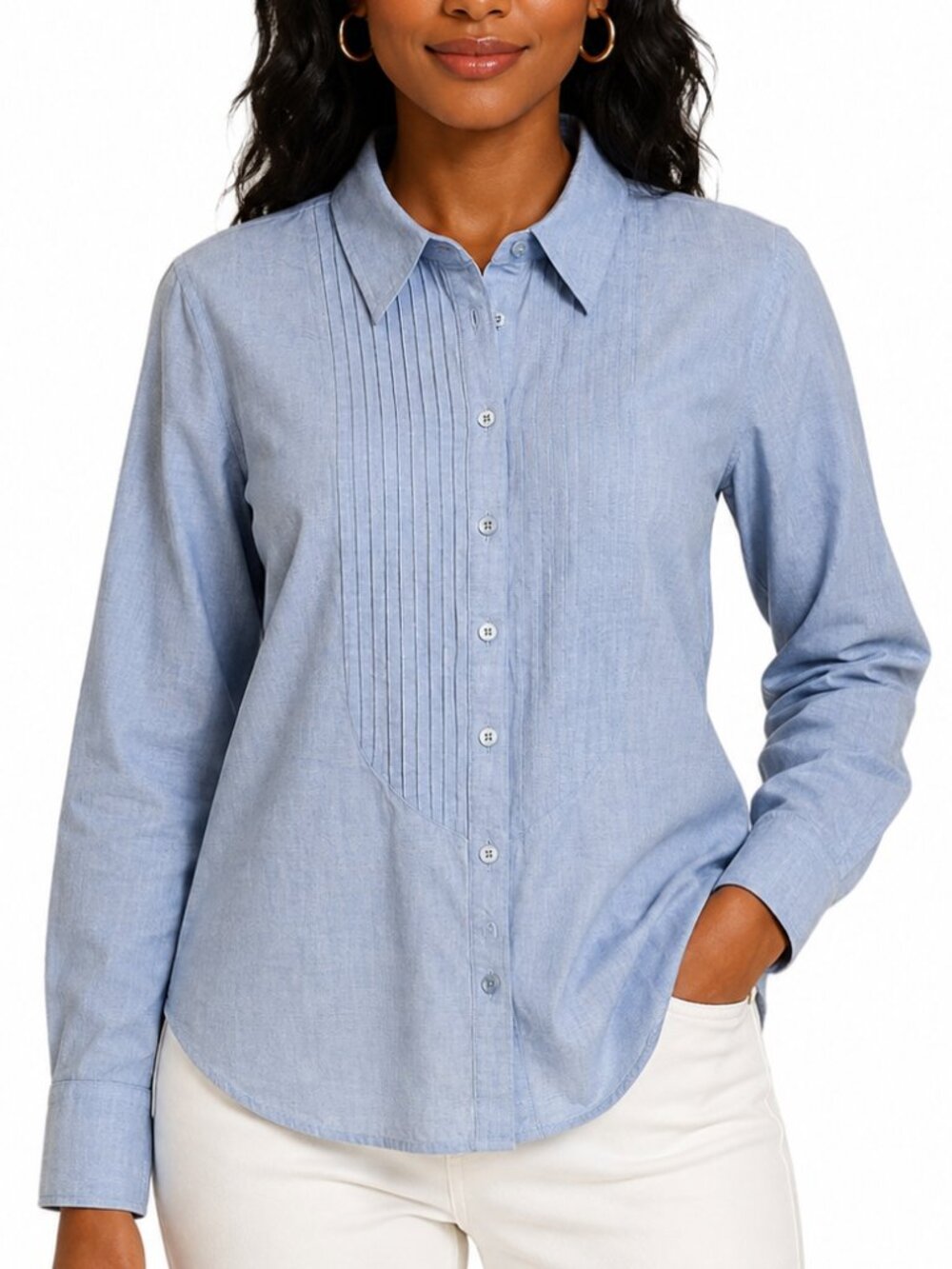 CAbi Light Blue Chambray Button-Front Pleated Pintuck Long Sleeve Blouse